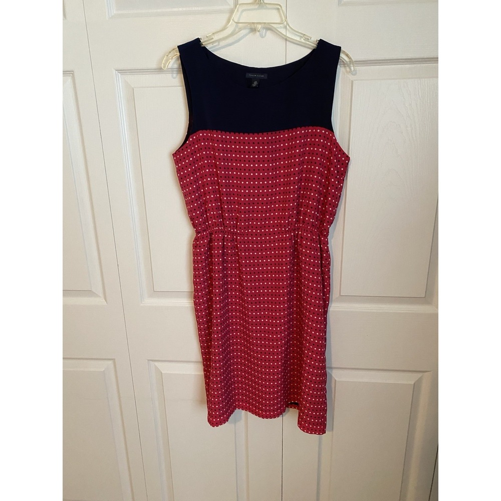 Tommy Hilfiger Sheath Sleeveless Knee Length Polka Dot Dress Red Navy White L